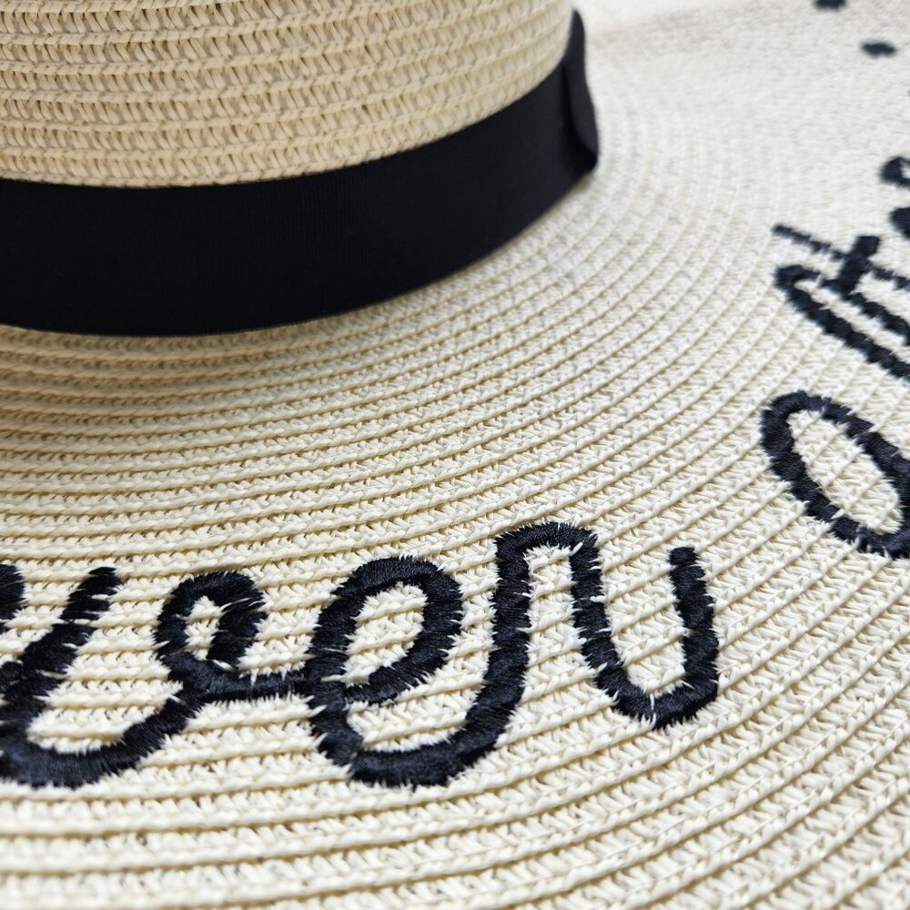 Wide-Brim Straw Sun Hat "Happily Ever After" Adjustable Wedding Honeymoon Bride - Picture 3 of 7